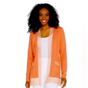 LOGO by Lori Goldstein Open Front Cardigan w/ Lace Orange - 3X